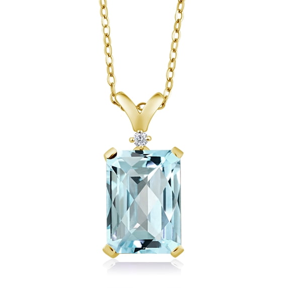 Gem Stone King 8.32 Ct Octagon Checkerboard Sky Blue Topaz White Diamond 18K Yellow Gold Plated Silver Pendant with Chain