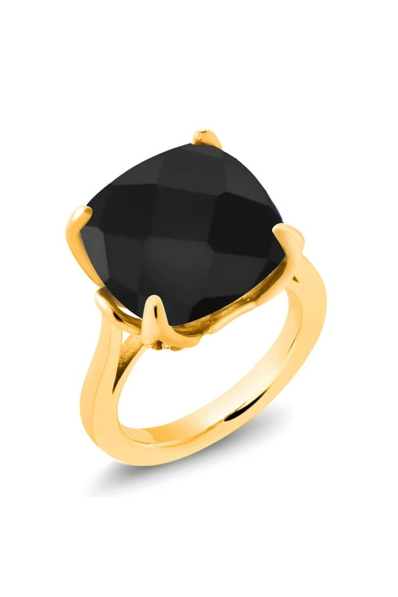8.33 Ct Cushion Checkerboard Black Onyx 18K Yellow Gold Plated Silver Ring (Size 6)