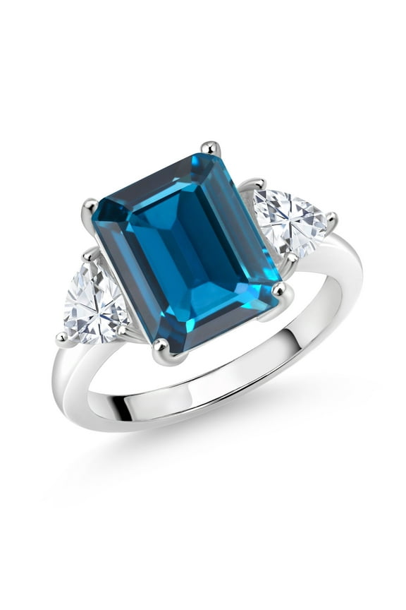 8.44 Cttw London Blue Topaz and White Moissanite Ring | 925 Sterling Silver | 3 Stone Ring for Women | Emerald Cut 12X10MM | Trillion 5X5MM | Available in Size 5,6,7,8,9