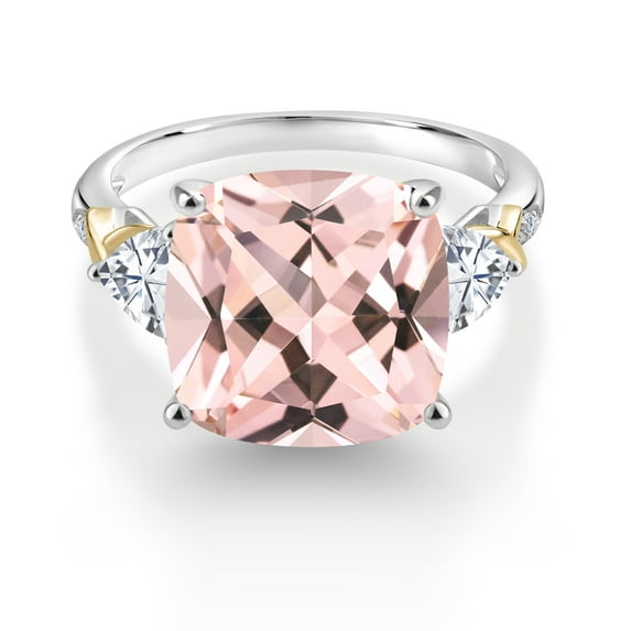 Gem Stone King 8.47 Cttw Peach Nano Morganite White Moissanite and Diamond Ring for Women | 925 and 10K Yellow | 12MM Cushion and 5MM Trillion | Wedding Engagement Anniversary Promise Ring | Size 7