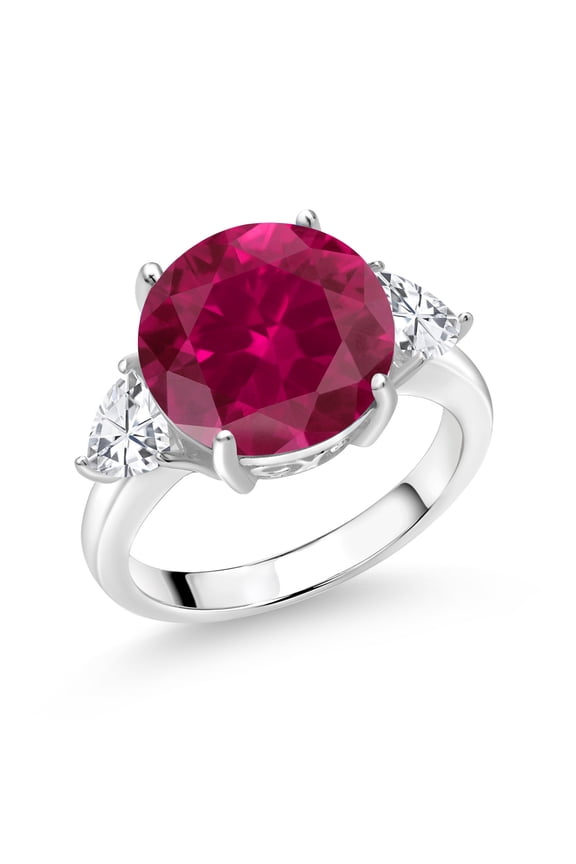 8.54 Cttw Red Created Ruby 3-Stone Ring for Women | 925 Sterling Silver | Round 12MM and Trillion 5MM (Size 8)