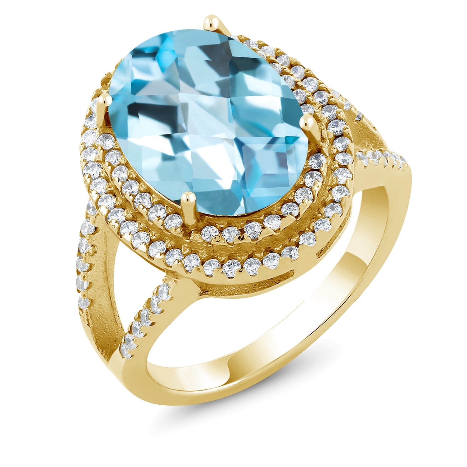 Gem Stone King 8.64 Ct Oval Checkerboard Sky Blue Topaz 18K Yellow Gold ...