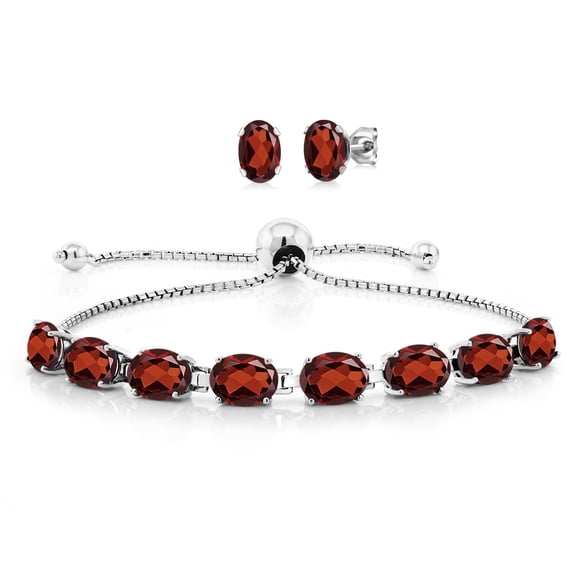 Gem Stone King 8.70 Cttw Red Garnet Bracelet and Earrings Jewelry Set for Women | 925 Sterling Silver | Gemstone January Birthstone | Oval 7X5MM | Fully Adjustable up to 9 inch