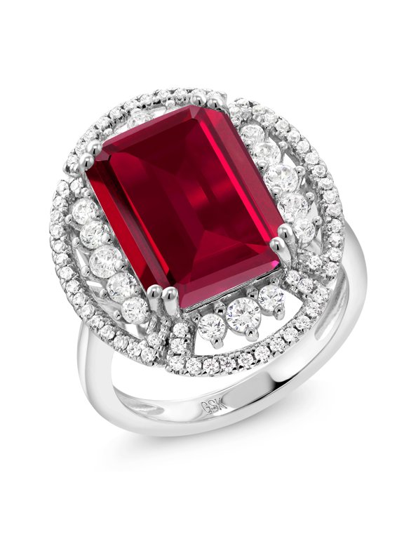 925 Sterling Silver Red Created Ruby Women's Ring 8.77 cttw Emerald Cut (Size 7)