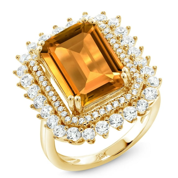 Gem Stone King 8.80 Ct Octagon Yellow Citrine 18K Yellow Gold Plated Silver Ring
