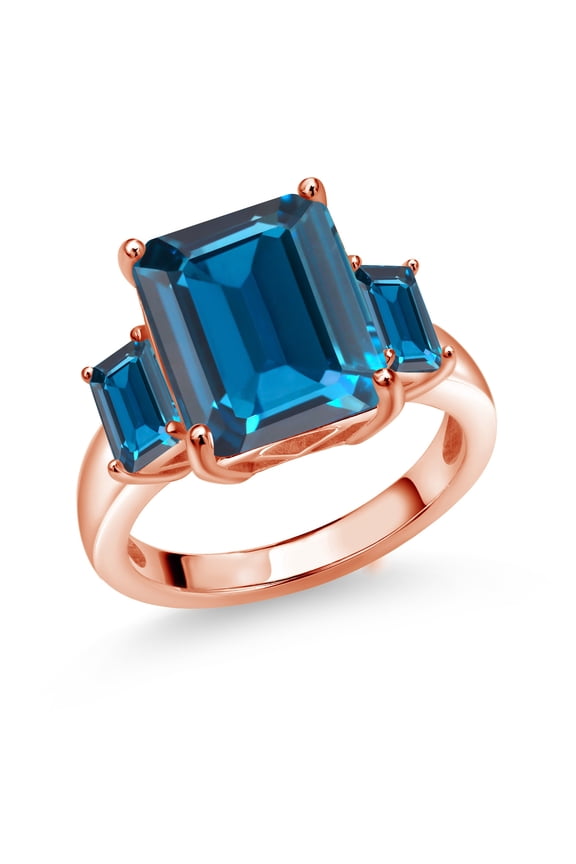 8.82 Ct Emerald Cut London Blue Topaz 18K Rose Gold Plated Silver 3-Stone Ring (Size 8)