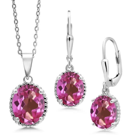 Gem Stone King 8.90 Ct Oval Pink Mystic Topaz 925 Sterling Silver Pendant and Earrings Jewelry Set