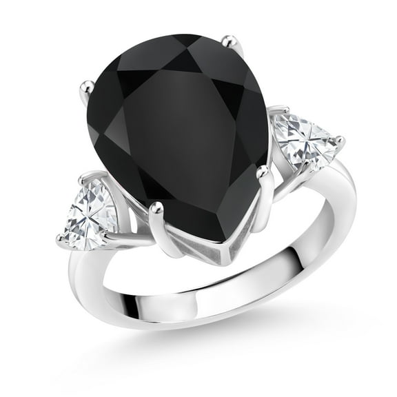Gem Stone King 8.91 Cttw Black Onyx 3-Stone Ring for Women | 925 Sterling Silver | Pear Shape 16X12MM | Gemstone Birthstone (Size 5)