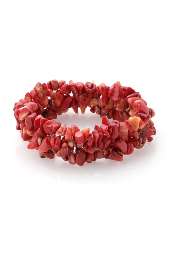8" Multi Strands Red Simulated Coral Stone Chips Stretch Bangle Bracelet