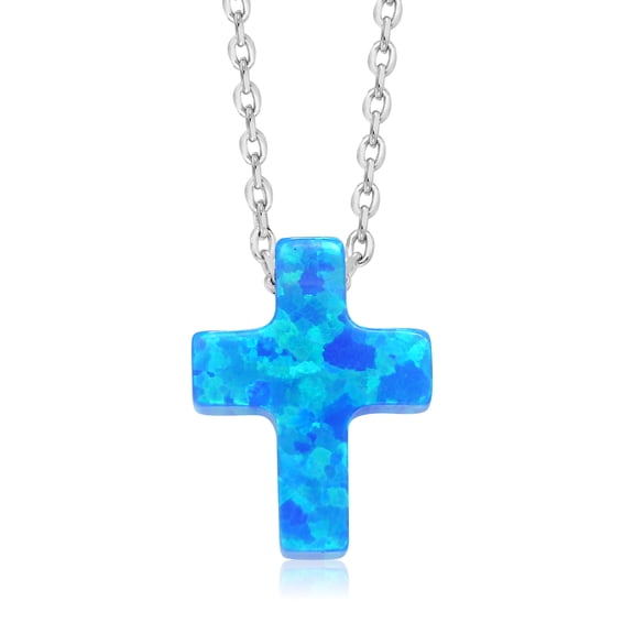 Gem Stone King 8MM Created Blue Opal Cross Pendant Necklace Unisex 925 Sterling Silver With 18 inches Silver Chain