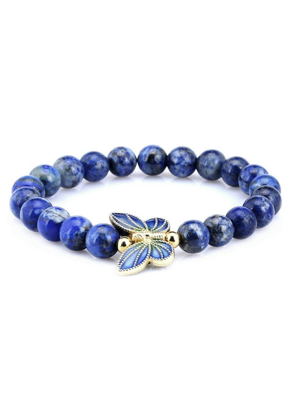 8mm Simulated-Lapis Lazuli 18K Yellow Gold Plated Silver Cloisonne Enamel Butterfly Bracelet for Women