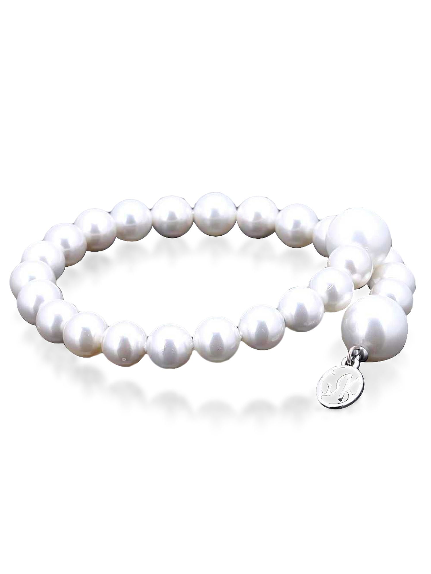 Gem Stone King 8mm Wrap Around Adjustable White Shell Pearl Bracelet for Women with Charm