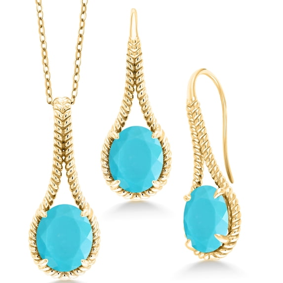 Gem Stone King 9.00 Ct Oval Green Turquoise 18K Yellow Gold Plated Silver Pendant and Earrings Jewelry Set