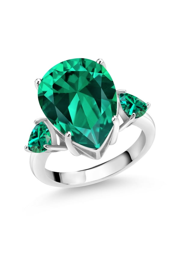 9.19 Cttw Pear Shape Green Nano Emerald 3-Stone Ring for Women | 925 Sterling Silver | Three Stone Wedding Anniversary Promise Ring for Women (Size 7)