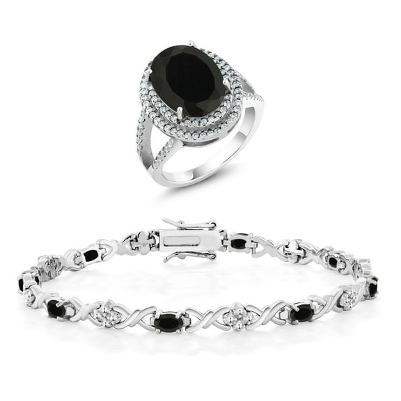 Gem Stone King 9.24 Ct Oval Black Onyx 925 Sterling Silver Ring and Bracelet Jewelry Set (Size 7)