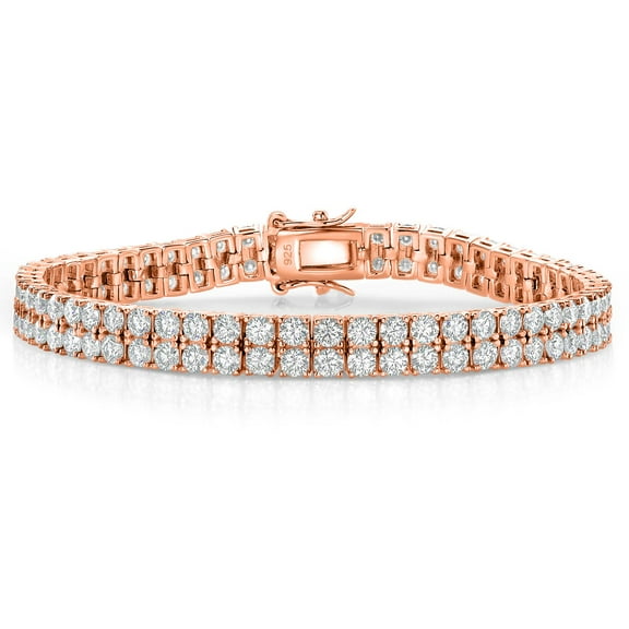 Gem Stone King 9.30 Cttw White Moissanite 2 Rows Tennis Bracelet for Women in 18K Rose Gold Plated Silver | 6MM Width | 6.5/7/7.5 inch