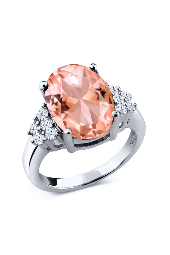 9.60 Ct Oval Peach Nano Morganite White Topaz 925 Sterling Silver Ring (Size 6)
