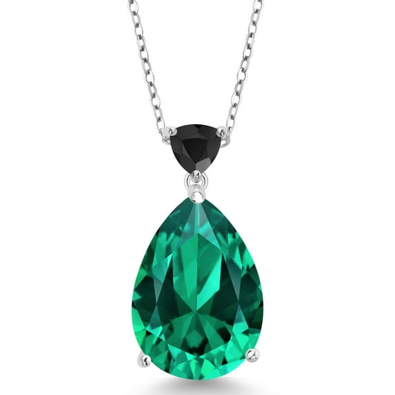 Gem Stone King 9.61 Ct Green Nano Emerald Black Onyx 925 Sterling Silver Pendant with Chain