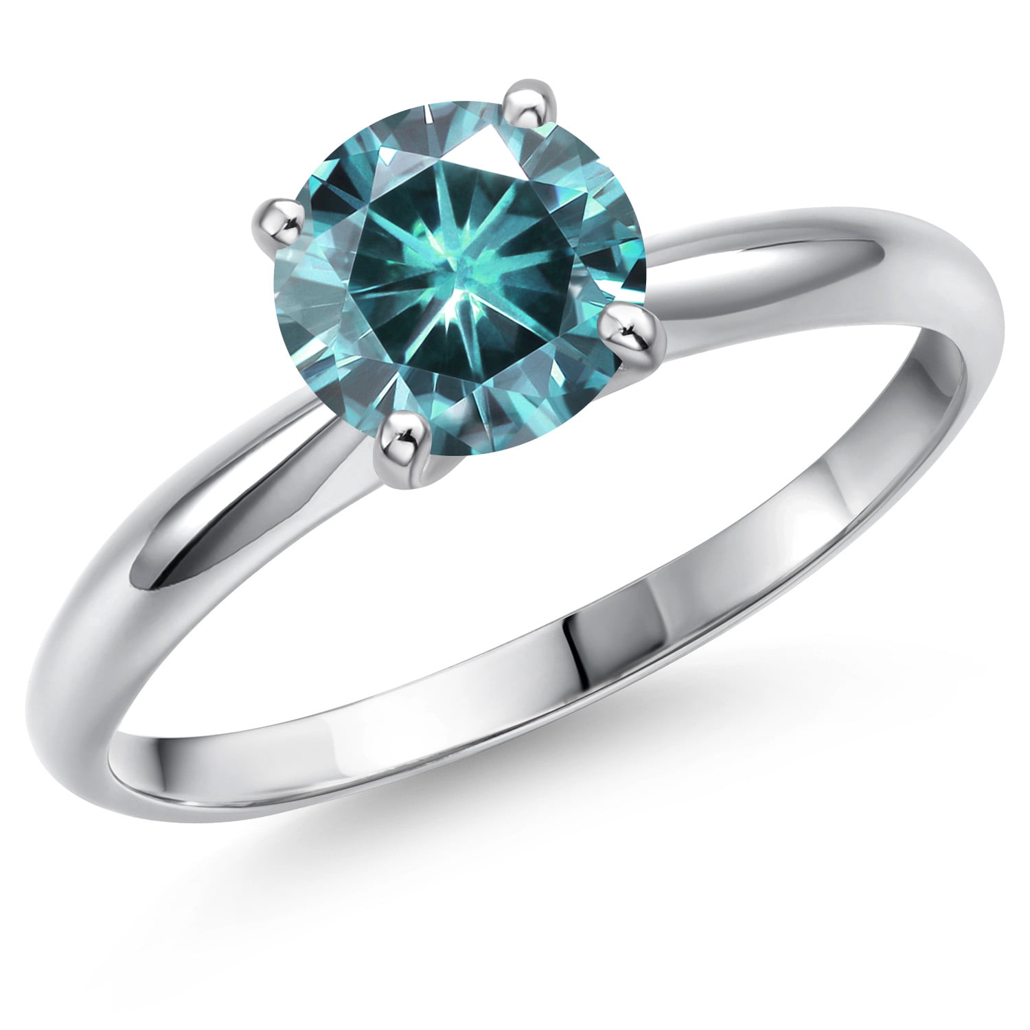 Gem Stone King 900 Platinum Blue Moissanite Solitaire Engagement Ring for Women | 1.00 Cttw | Round 6.5MM | Gemstone Birthstone | Size 9
