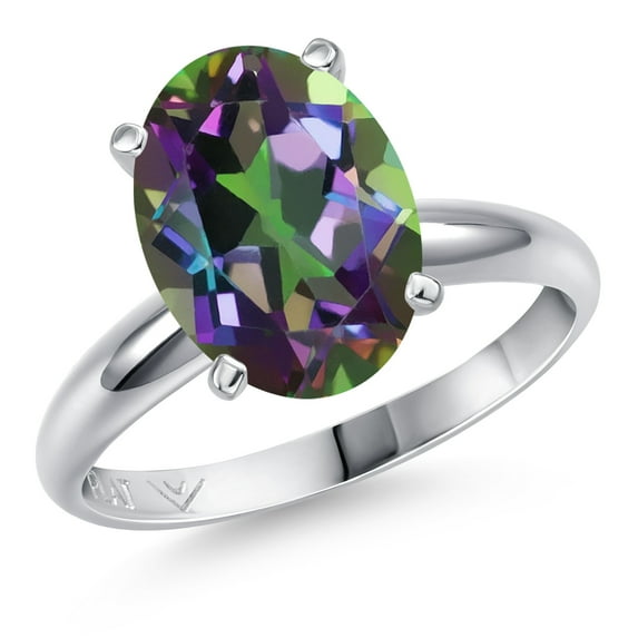 Gem Stone King 900 Platinum Green Mystic Quartz Solitaire Engagement Ring for Women | 3.60 Cttw | Oval 11X9MM | Gemstone Birthstone | Size 6