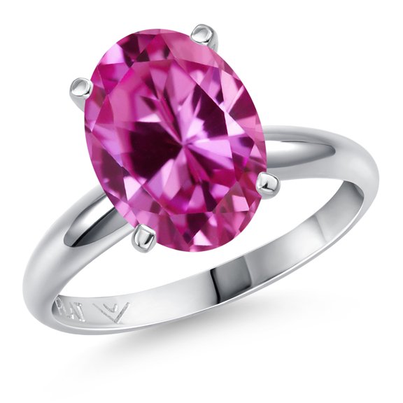 Gem Stone King 900 Platinum Pink Created Sapphire Solitaire Engagement Ring for Women | 4.50 Cttw | Oval 11X9MM | Gemstone September Birthstone | Size 7
