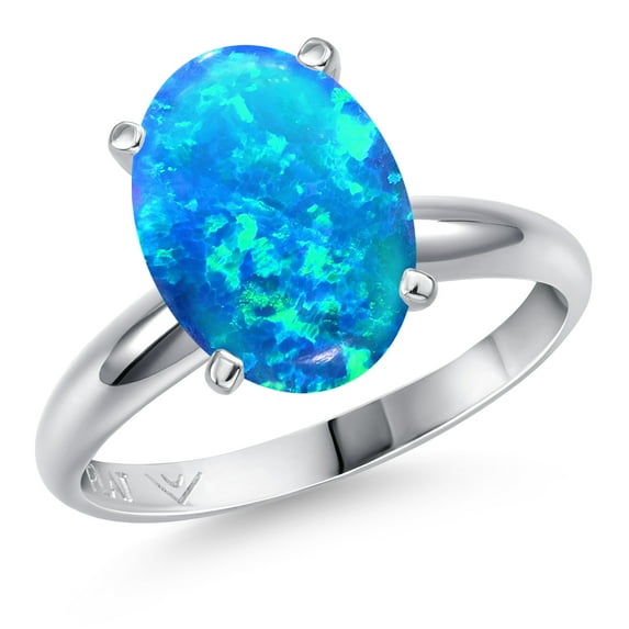 Gem Stone King 900 Platinum Simulated Blue Opal Solitaire Engagement Ring for Women | 1.17 Cttw | Oval Cabochon 11X9MM | Gemstone October Birthstone | Size 6