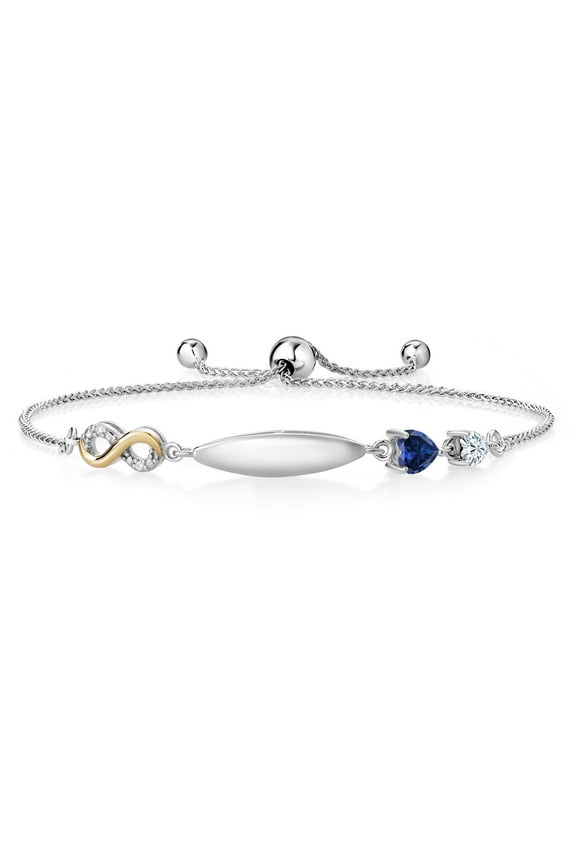 925 Silver and 10K Gold Infinity Lab Grown Diamond Engraved Initial ID Tennis Bracelet for Women Heart Shape Blue Created Sapphire and Moissanite (0.75 Cttw, Adjustable to 9 inch)