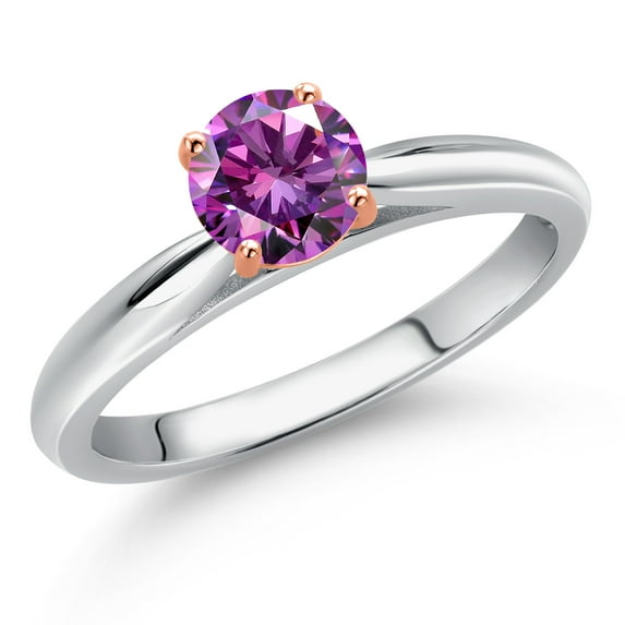 Gem Stone King 925 Silver and 10K Rose Gold Fancy Purple Zirconia Solitaire Engagement Ring for Women | 0.46 Cttw | Round 5MM | Gemstone Birthstone | Size 5