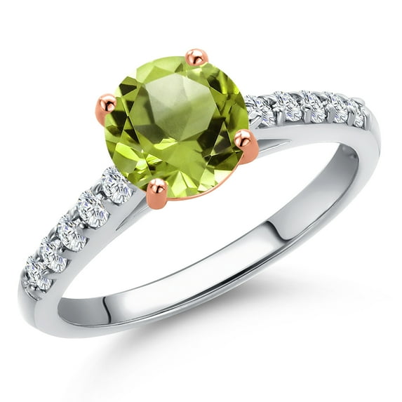 Gem Stone King 925 Silver and 10K Rose Gold Green Peridot and Lab Grown Diamond Engagement Ring for Women | 1.65 Cttw | Round 7MM | Gemstone August Birthstone | Size 6