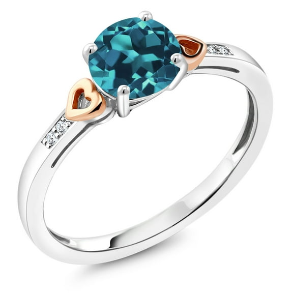 Gem Stone King 925 Silver and 10K Rose Gold London Blue Topaz and White Diamond Solitaire Engagement Ring for Women (1.36 Cttw, Round 6.5MM, Gemstone November Birthstone, Size 8)