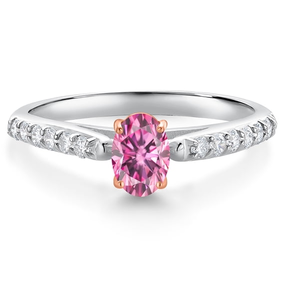 Gem Stone King 925 Silver and 10K Rose Gold Pink Moissanite and White Lab Grown Diamond Engagement Ring for Women (0.64 Cttw, Oval 6X4MM, Gemstone Birthstone, Available in Size 5, 6, 7, 8, 9)