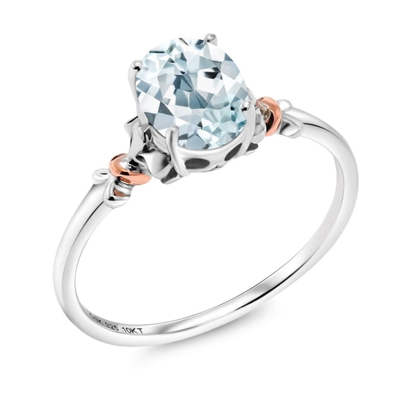 Gem Stone King 925 Silver and 10K Rose Gold Sky Blue Aquamarine Engagement Ring for Women | 0.72 Cttw | Oval 7X5MM | Gemstone March Birthstone | Size 6