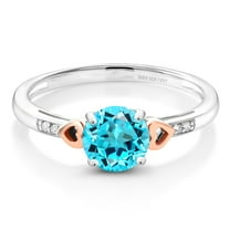 Gem Stone King 925 Silver and 10K Rose Gold Swiss Blue Topaz and White Diamond Engagement Ring for Women (1.68 Cttw, Round 7MM, Gemstone Birthstone, Size 8)