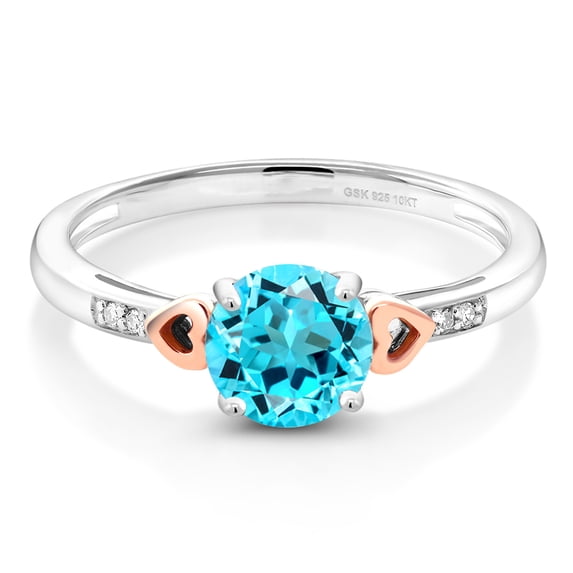 Gem Stone King 925 Silver and 10K Rose Gold Swiss Blue Topaz and White Diamond Engagement Ring for Women (1.68 Cttw, Round 7MM, Gemstone Birthstone, Size 9)