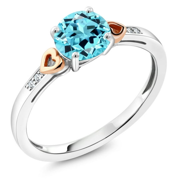 Gem Stone King 925 Silver and 10K Rose Gold Swiss Blue Topaz and White Diamond Solitaire Engagement Ring for Women (1.23 Cttw, Round 6.5MM, Gemstone November Birthstone, Size 6)
