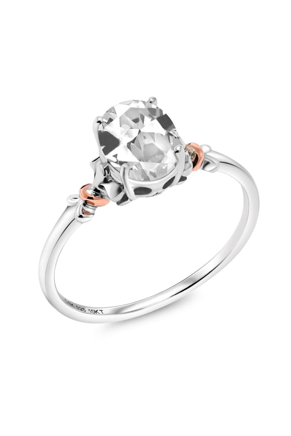 925 Silver and 10K Rose Gold White Created Sapphire Engagement Ring for Women | 1.00 Cttw | Oval 7X5MM | Gemstone September Birthstone | Size 7