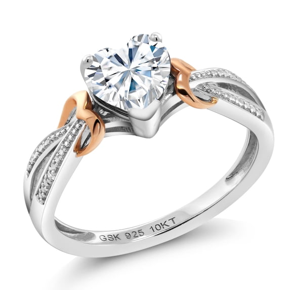 Gem Stone King 925 Sterling Silver and 10K Rose Gold White Heart Shape Moissanite and White Diamond Engagement Ring for Women (0.81 Cttw, Size 5)