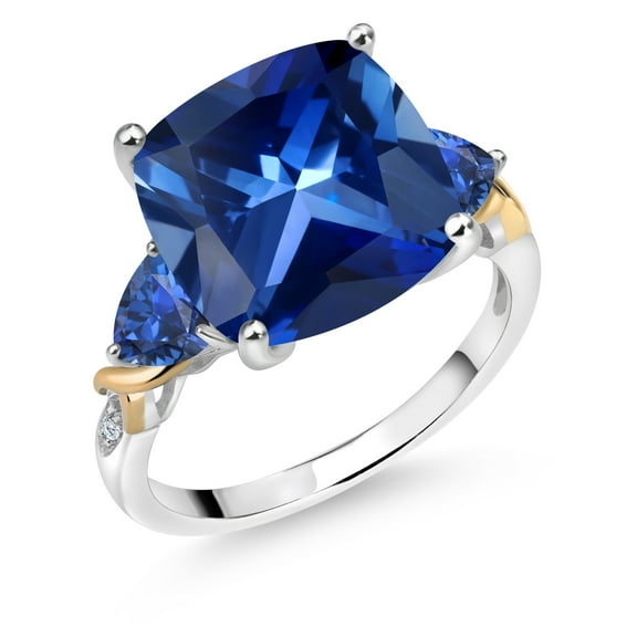 Gem Stone King 925 Silver and 10K Yellow Blue Created Sapphire and Diamond Ring for Women (9.59 Cttw, 12MM Cushion and 5mm Trillion) (Size 8)