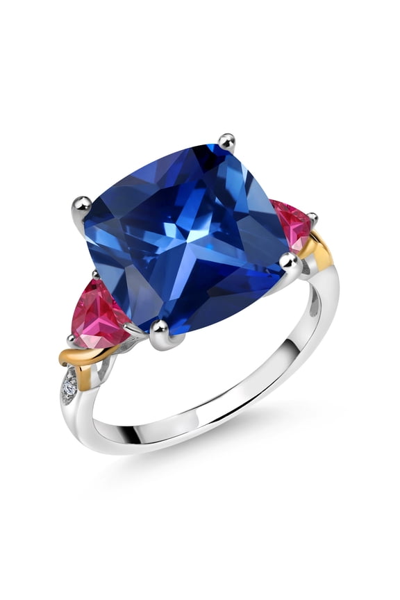 925 Silver and 10K Yellow Blue Created Sapphire and Red Created Ruby and Diamond Ring for Women (9.37 Cttw, 12MM Cushion and 5mm Trillion) (Size 7)
