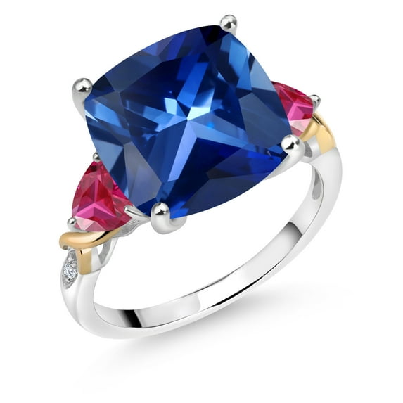 Gem Stone King 925 Silver and 10K Yellow Blue Created Sapphire and Red Created Ruby and Diamond Ring for Women (9.37 Cttw, 12MM Cushion and 5mm Trillion) (Size 6)