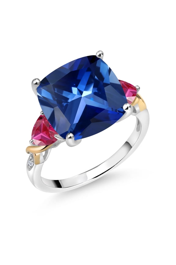 925 Silver and 10K Yellow Blue Created Sapphire and Red Created Ruby and Diamond Ring for Women (9.37 Cttw, 12MM Cushion and 5mm Trillion) (Size 5)