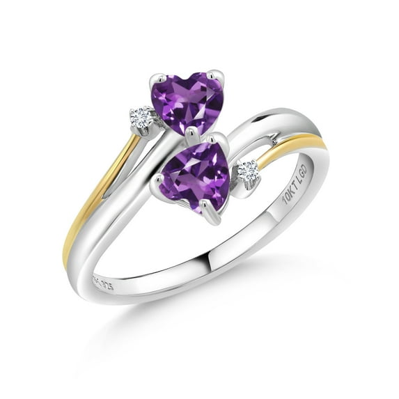 Gem Stone King 925 Silver and 10K Yellow Gold Purple Amethyst Gemstone Birthstone and White Lab Grown Diamond 2 Heart Promise Couple Engagement Mother Ring for Women 0.86 Cttw (Size 7)