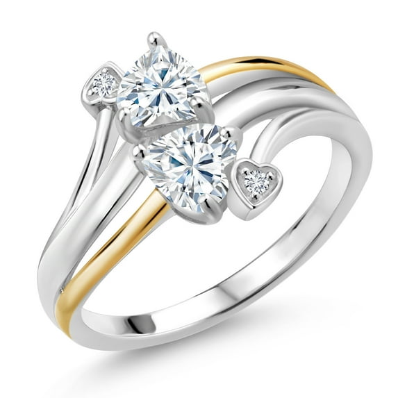Gem Stone King 925 Silver and 10K Yellow Gold 2 Heart Promise Couple Engagement Mother Lab Grown Diamond Ring Set with Near Colorless (GH, Size 6) Moissanite (1.02 Cttw, Size 6)