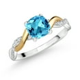 thumbnail image 1 of Gem Stone King 925 Silver and 10K Yellow Gold 2 Tone Cushion Swiss Blue Topaz and White Lab Grown Diamond Knot Women Engagement Ring 1.26 Cttw, Gemstone Birthstone, 1 of 5