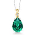 thumbnail image 1 of Gem Stone King 925 Silver and 10K Yellow Gold 2 Tone Pear Shape Green Nano Emerald and White E-F Lab Grown Diamond Keren Hanan Pendant Necklace for Women (9.30 Cttw), 1 of 5