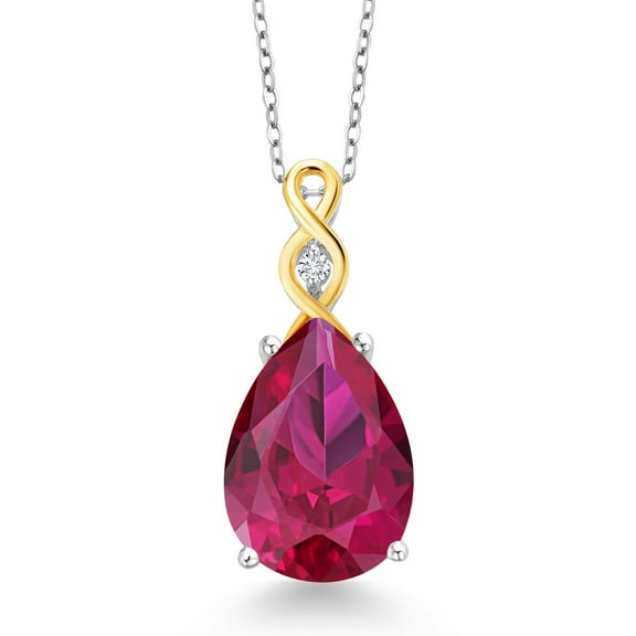 Gem Stone King 925 Silver and 10K Yellow Gold 2 Tone Pear Shape Red Created Ruby and White Lab Grown Diamond Keren Hanan Pendant Necklace for Women (13.05 Cttw, with 18 inch Chain)