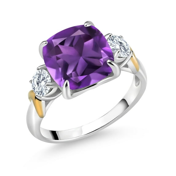 Gem Stone King 925 Silver and 10K Yellow Gold Amethyst and White Moissanite 3 Stone Ring for Women (3.46 Cttw, Gemstone Birthstone, Cushion 10MM, Round 4MM, Size 9)