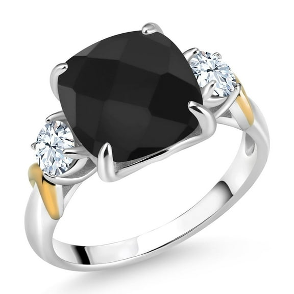 Gem Stone King 925 Silver and 10K Yellow Gold Black Onyx 3 Stone Ring for Women (4.30 Cttw, Gemstone December Birthstone, Cushion Checkerboard 10MM, Round 4MM, Size 7)