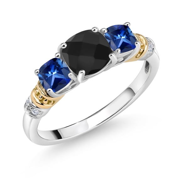 Gem Stone King 925 Silver and 10K Yellow Gold Black Onyx and Blue Created Sapphire and Diamond 3-Stone Ring for Women (1.64 Cttw, December Birthstone, Cushion Checkerboard 6MM and 4MM, Size 6)