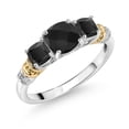 thumbnail image 1 of Gem Stone King 925 Silver and 10K Yellow Gold Black Onyx and Diamond 3-Stone Ring for Women (1.51 Cttw, Gemstone December Birthstone, Cushion Checkerboard 6MM and 4MM, Size 8), 1 of 3
